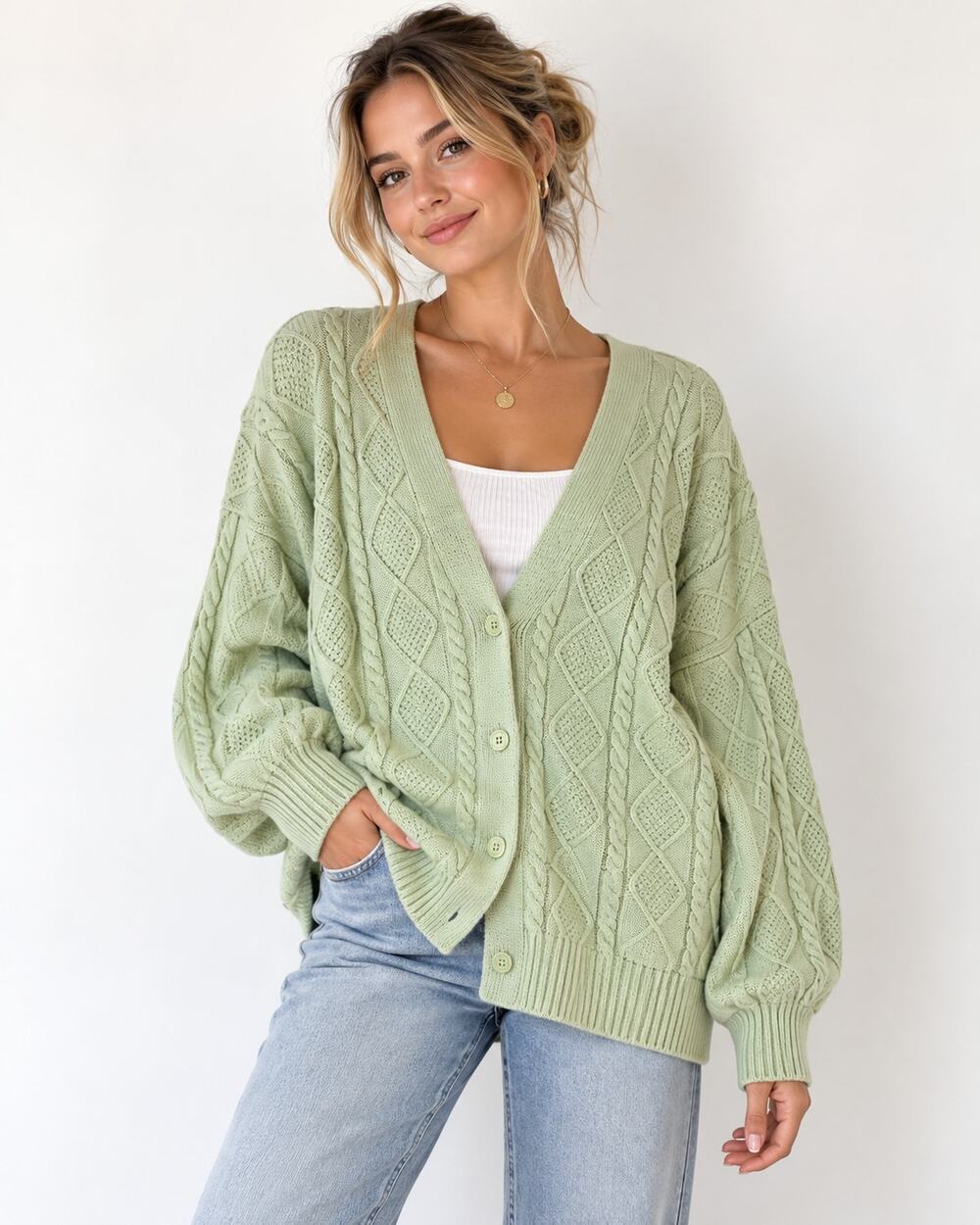 Sunday Best Lime Green Cable Knit Cardigan Sweater Womens S Oversized Chunky